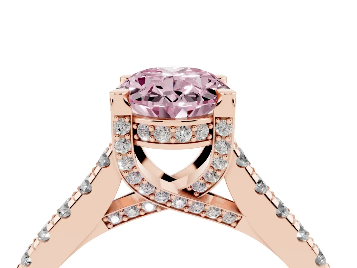 Fancy Pink Oval Cut Brilliant Diamond Solitaire with Pavé Band and Four-Prong Setting Rose gold