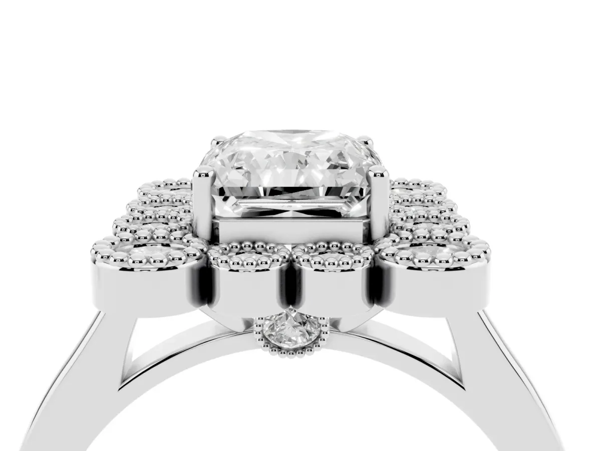 Radiant Cut Halo Diamond Cluster Engagement Ring with Milgrain Bezel Setting and Solitaire Band Silver