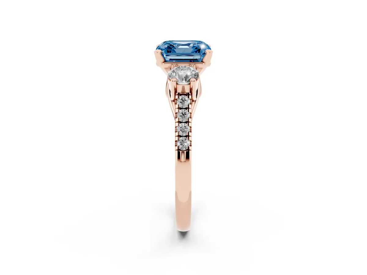 Fancy Blue Three-Stone Asscher Cut Diamond Pavé Band with Four-Prong Setting Rose gold