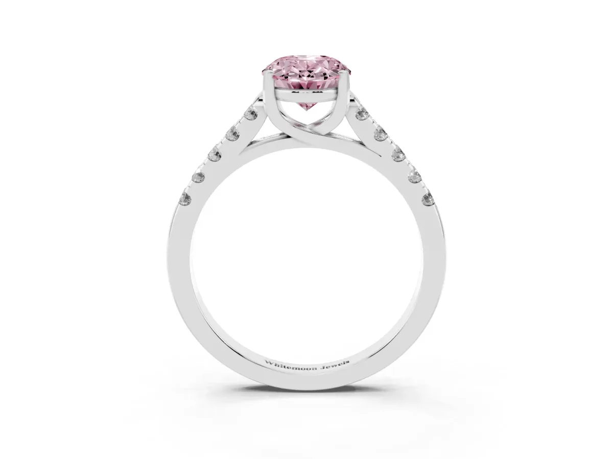 Fancy Pink Oval Cut Diamond Pavé Band Solitaire Ring with Prong Setting White gold