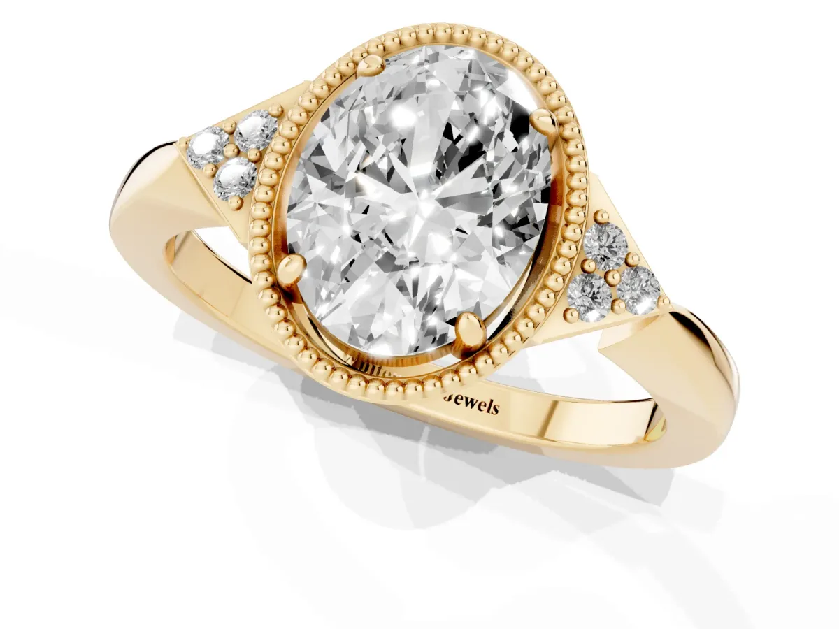 Oval Cut Diamond Halo Ring with Tapered Band and Four-Prong Setting Yellow gold