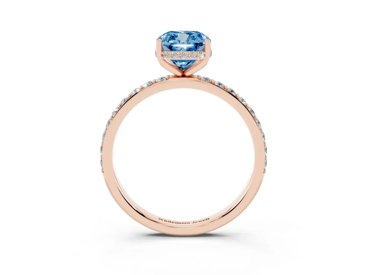 Fancy Blue Cushion Cut Diamond Solitaire Ring with Pavé Band and Hidden Halo Rose gold
