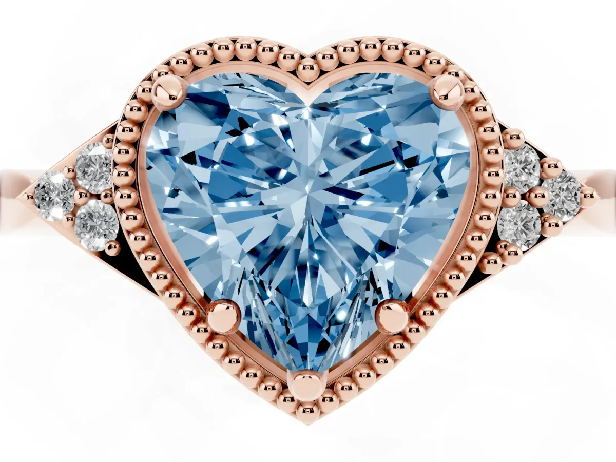 Fancy Blue Hexagonal Halo Heart Cut Diamond Solitaire with Pavé Band and Four-Prong Setting Rose gold