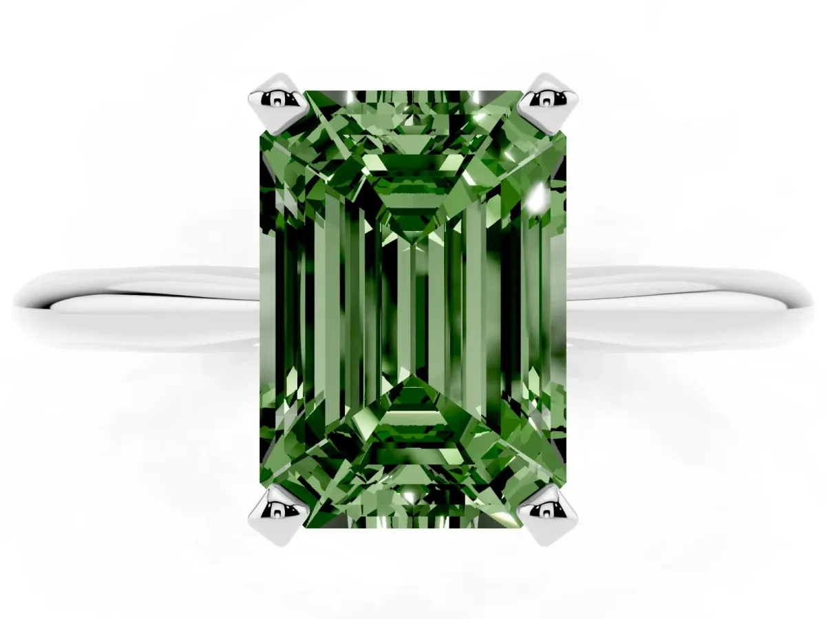 Fancy Green Emerald Cut Cut Solitaire Ring with Four-Prong Setting on a Classic Band Platinum