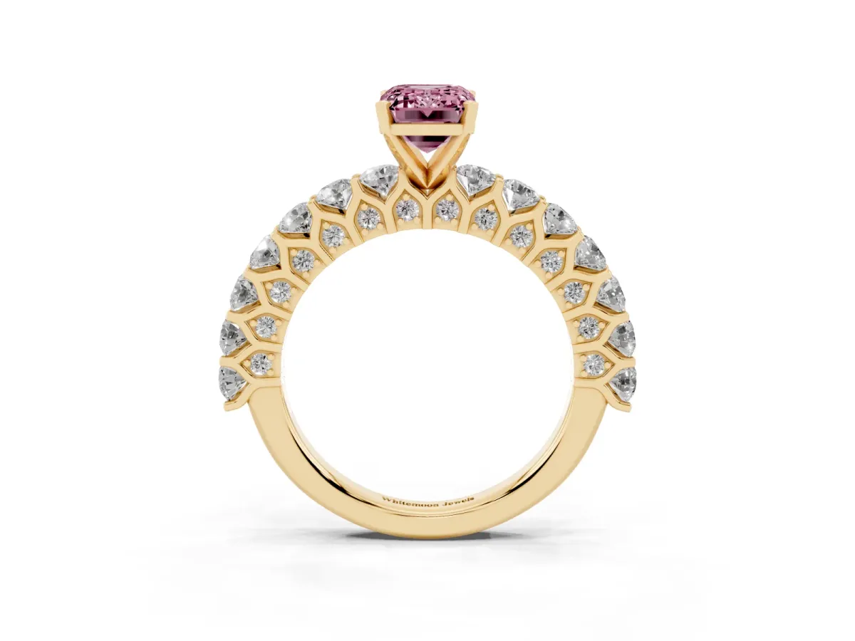 Fancy Pink Emerald Cut Diamond Solitaire Ring with Shared Prong Pavé Band and Four-Prong Setting Yellow gold