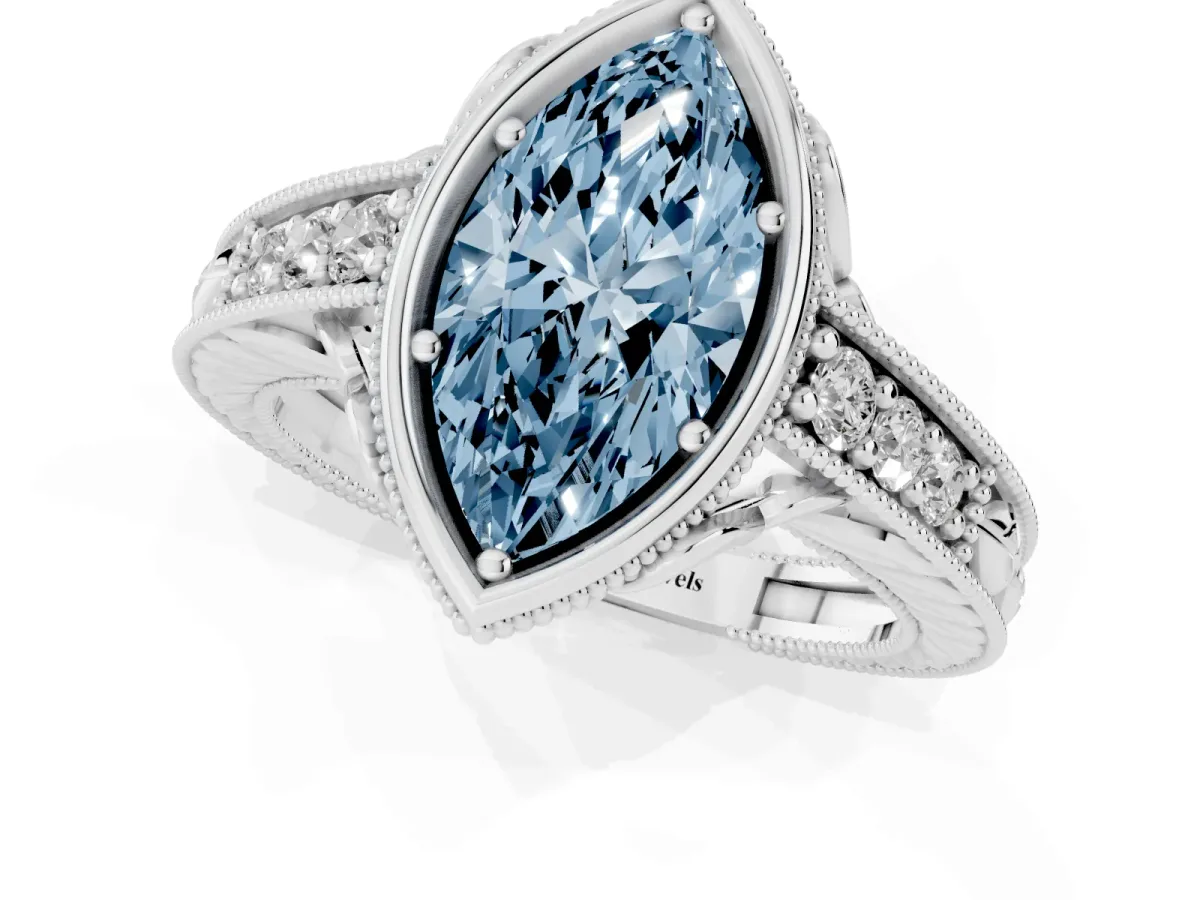 Fancy Blue Bezel Set Marquise Cut Diamond Milgrain Pave Engagement Ring Silver