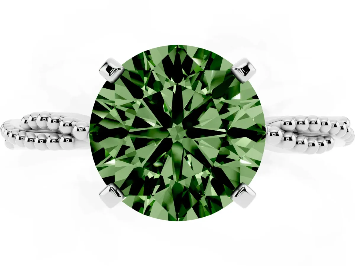 Fancy Green Round Cut Solitaire Twisted Band with Bead Prong Setting White gold