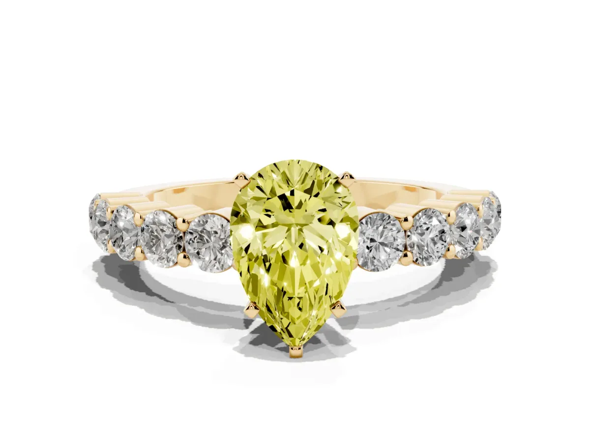 Fancy Yellow Pear Cut Diamond Solitaire Ring with Shared Prong Round Side Stones Yellow gold