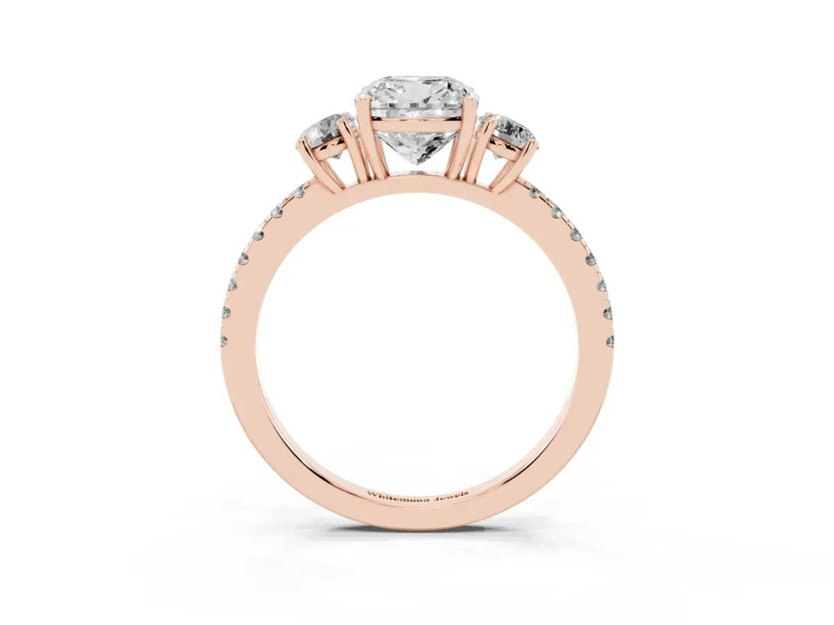 Three-Stone Cushion Cut Cut Diamond Pavé Band with Prong Setting Rose gold