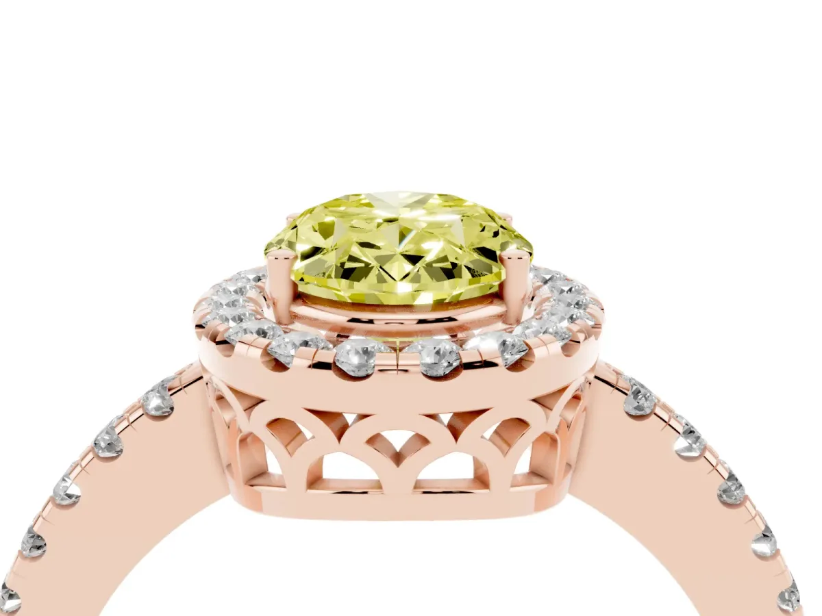 Fancy Yellow Oval Cut Halo Diamond Engagement Ring with Pavé Band and Four-Prong Setting Rose gold