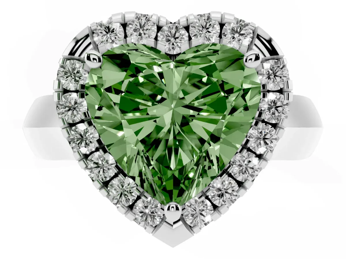 Fancy Green Heart Cut Cut Halo Solitaire Engagement Ring with Square Band and Four-Prong Setting Silver