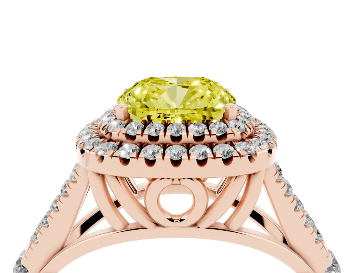 Fancy Yellow Cushion Cut Diamond Pavé Split Shank Double Halo Engagement Ring Rose gold