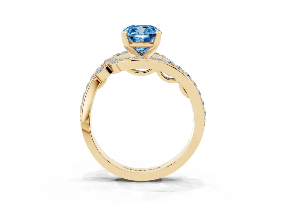 Fancy Blue Cushion Cut Diamond Solitaire Ring with Filigree Band and Four-Prong Setting Yellow gold