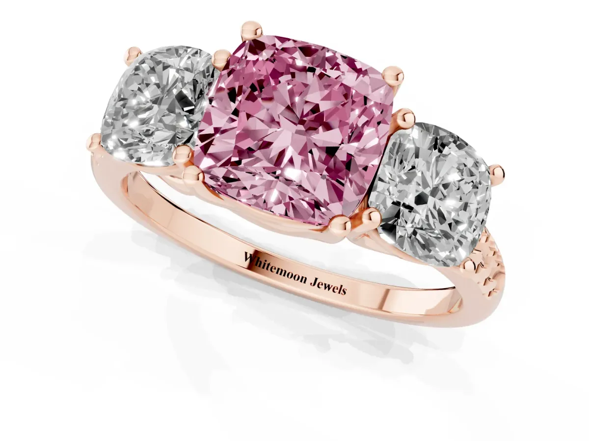 Fancy Pink Three-Stone Cushion Cut Diamond Ring with Round Pavé Band and Prong Setting Rose gold