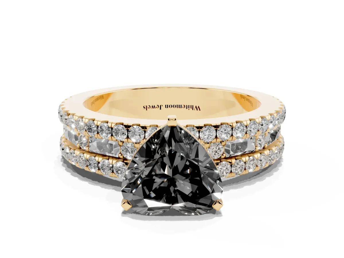Fancy Black Heart Cut Diamond Solitaire Ring with Pavé and Channel Set Band Yellow gold