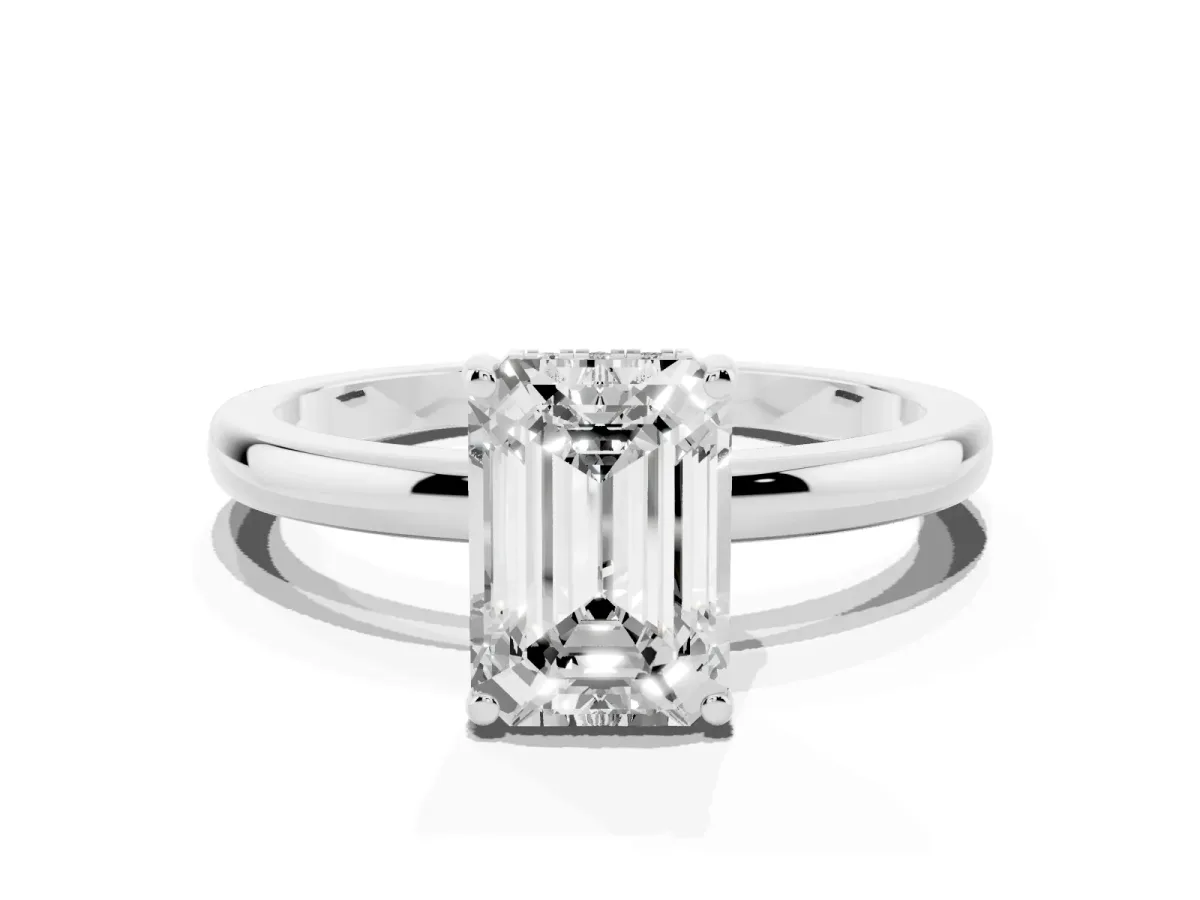 Emerald Cut Solitaire Diamond Ring with Prong Setting and Plain Band Silver