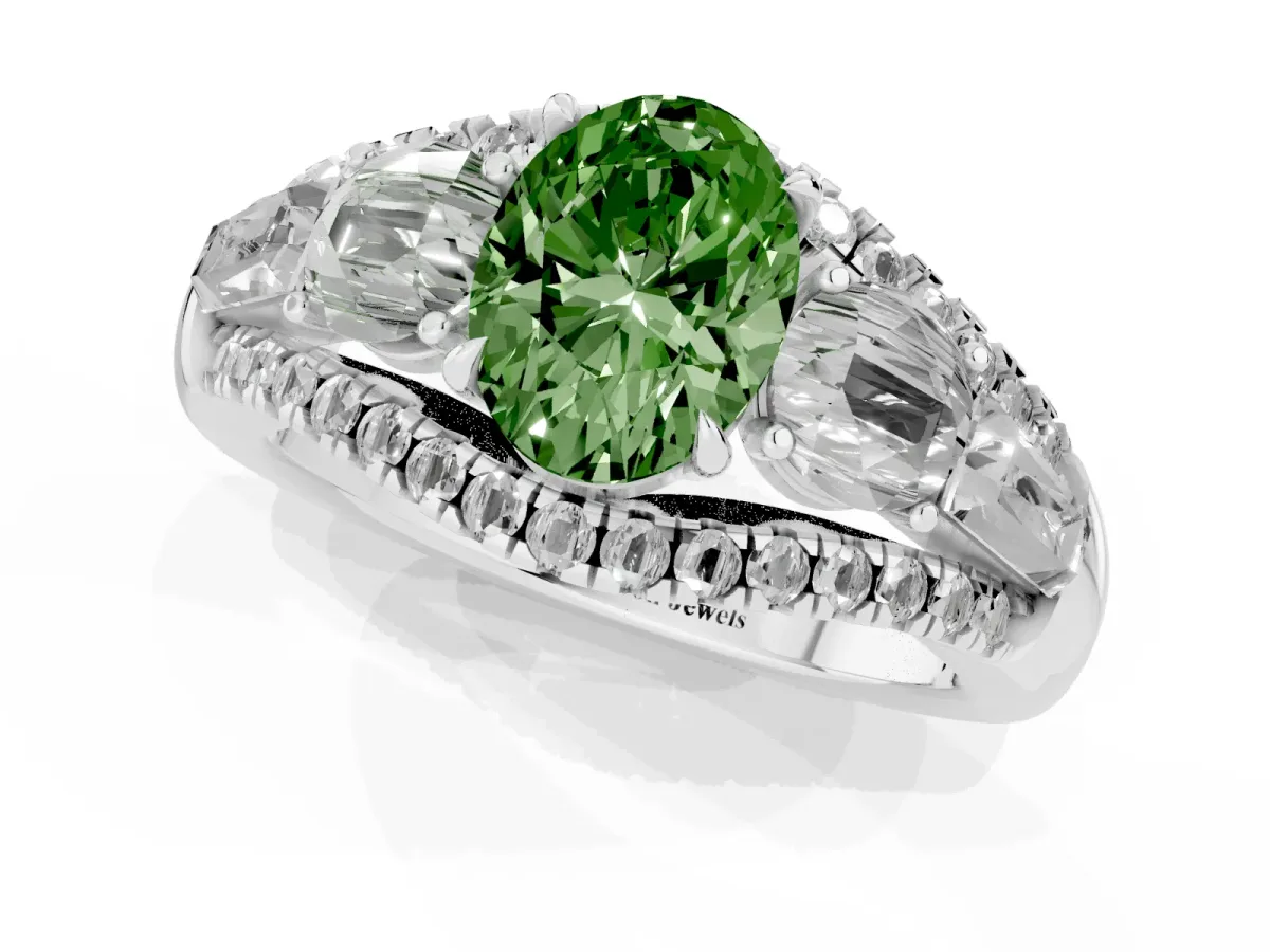 Fancy Green Three-Stone Oval Cut Diamond Engagement Ring with Pave Band and Prong Setting Silver
