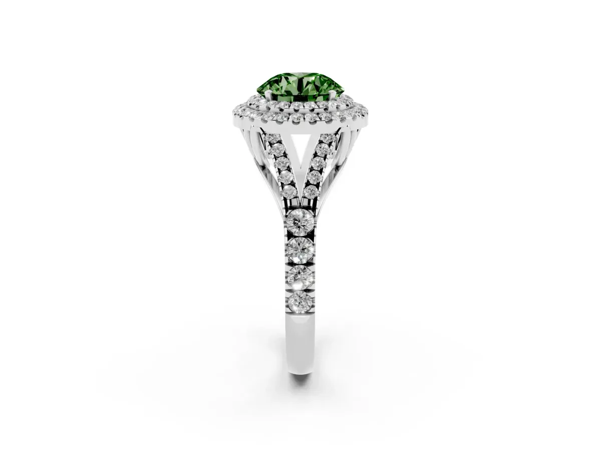 Fancy Green Round Cut Cut Double Halo Split Shank Diamond Ring with Prong Setting Silver