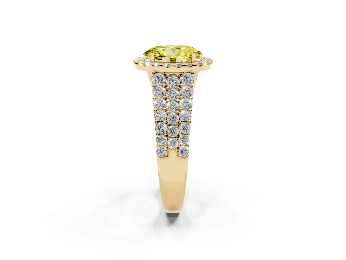 Fancy Yellow Oval Cut Diamond Halo Engagement Ring with Triple Row Round Pavé Band and Prong Setting Yellow gold