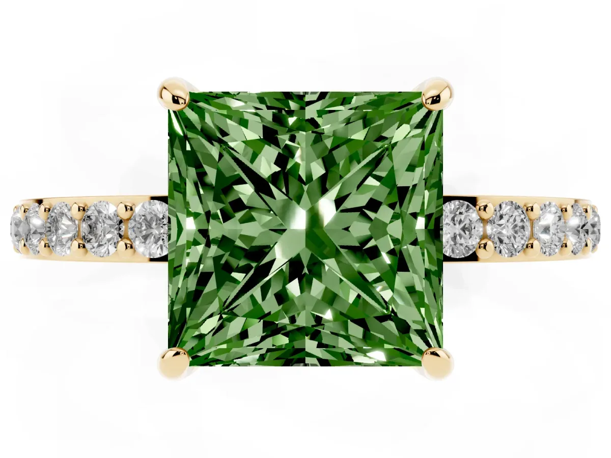 Fancy Green Princess Cut Diamond Solitaire Engagement Ring with Pavé Band and Four-Prong Setting Yellow gold