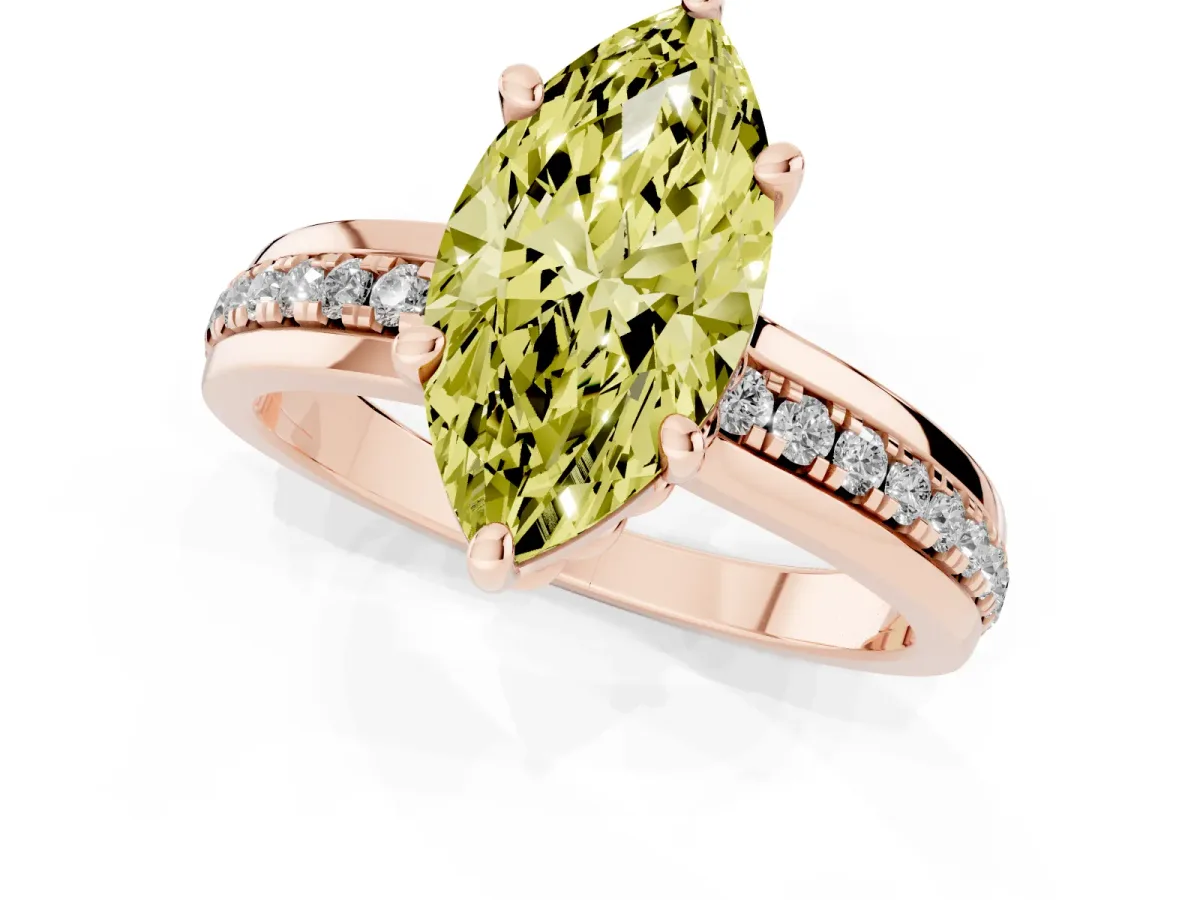 Fancy Yellow Marquise Cut Solitaire Diamond Ring with Channel Set Band and Six-Prong Setting Rose gold
