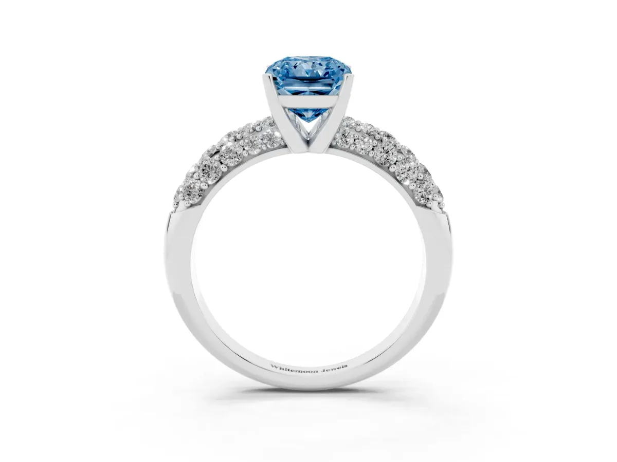 Fancy Blue Radiant Cut Diamond Pavé Band Solitaire Ring with Four-Prong Setting Platinum