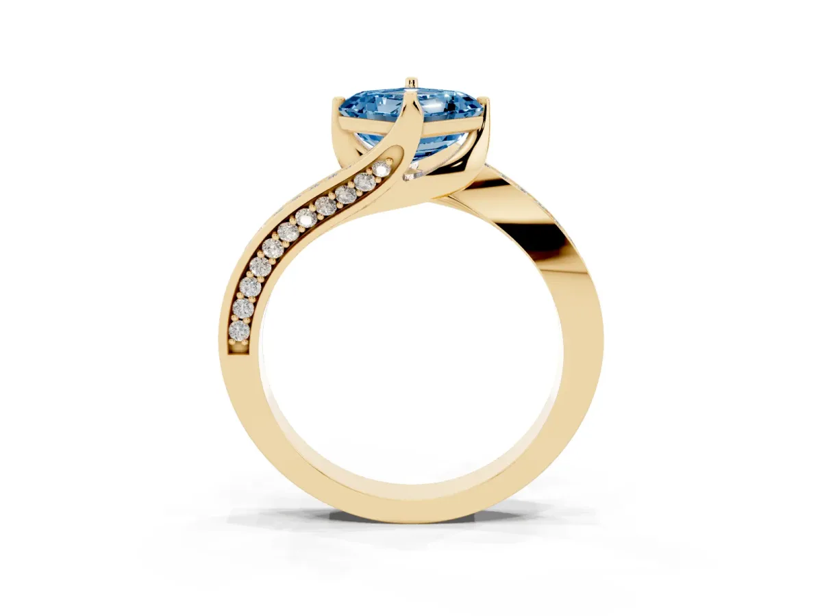 Fancy Blue Asscher Cut Solitaire Diamond Twist Band with Pavé Setting and Four-Prong Setting Yellow gold