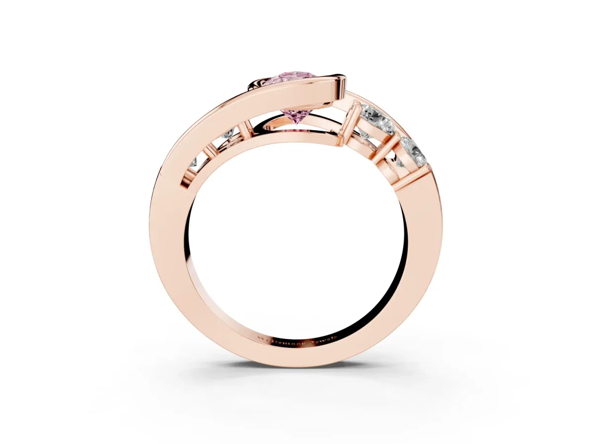 Fancy Pink Bezel Set Pear Cut Diamond Bypass Ring with Round Accents Rose gold