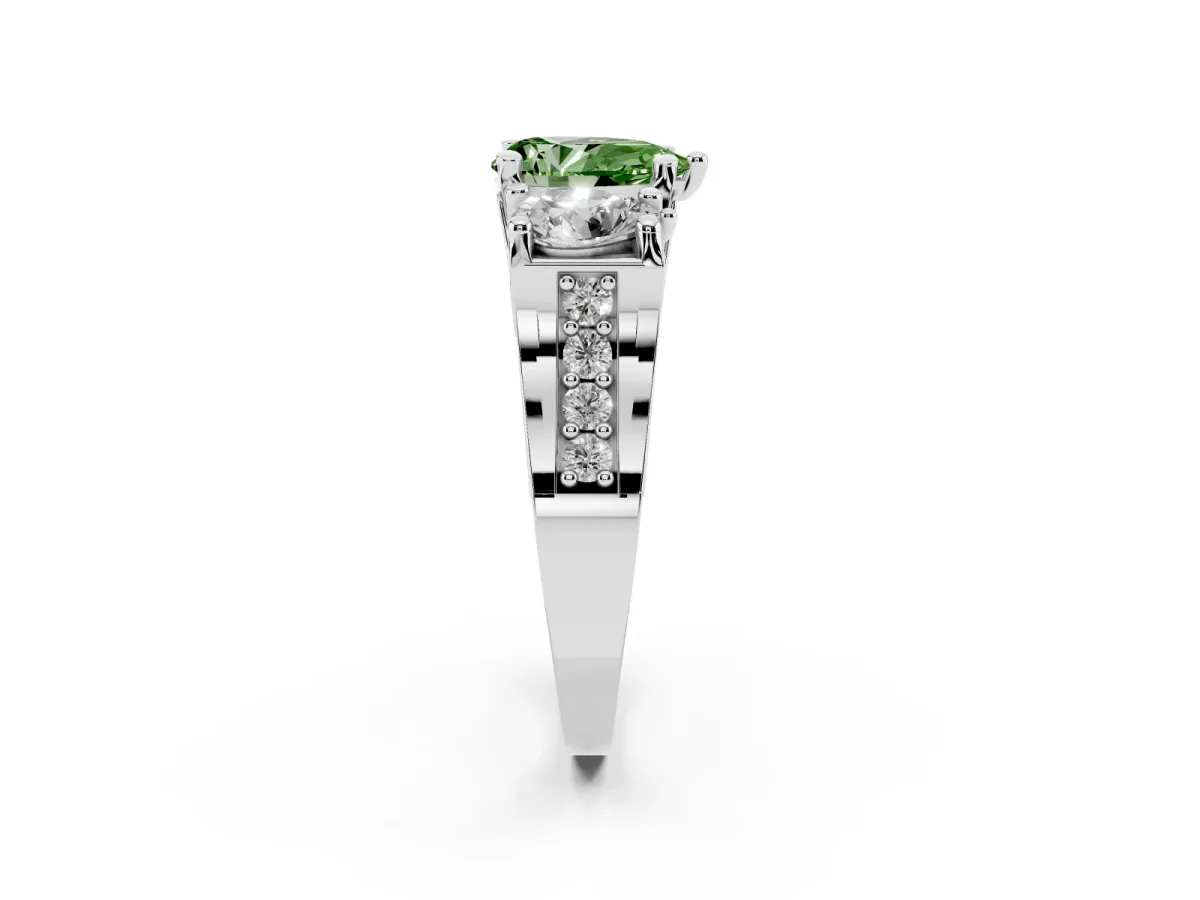 Fancy Green Pear Cut Diamond Three-Stone Ring with Channel Set Band and Four-Prong Setting Silver