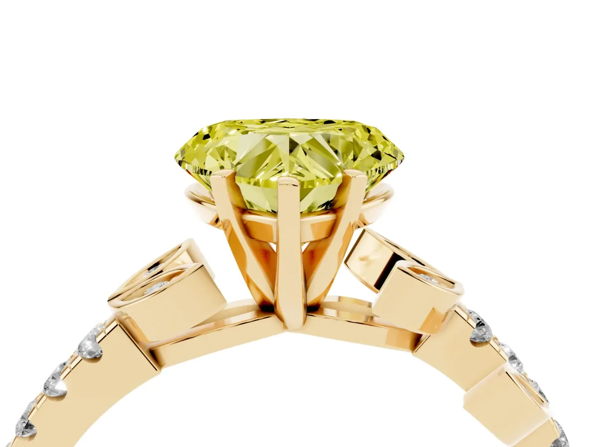 Fancy Yellow Heart Cut Solitaire Leaf-Inspired Diamond Ring with Pavé Band and Four-Prong Setting Yellow gold