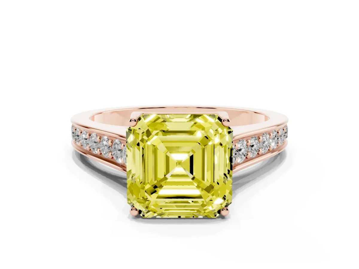 Fancy Yellow Asscher Cut Brilliant Cut Diamond Engagement Ring with Pavé Band and Four-Prong Setting Rose gold