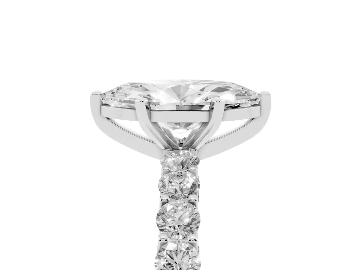 Marquise Cut Diamond Solitaire Ring with Shared Prong Pavé Band and Four-Prong Setting Platinum