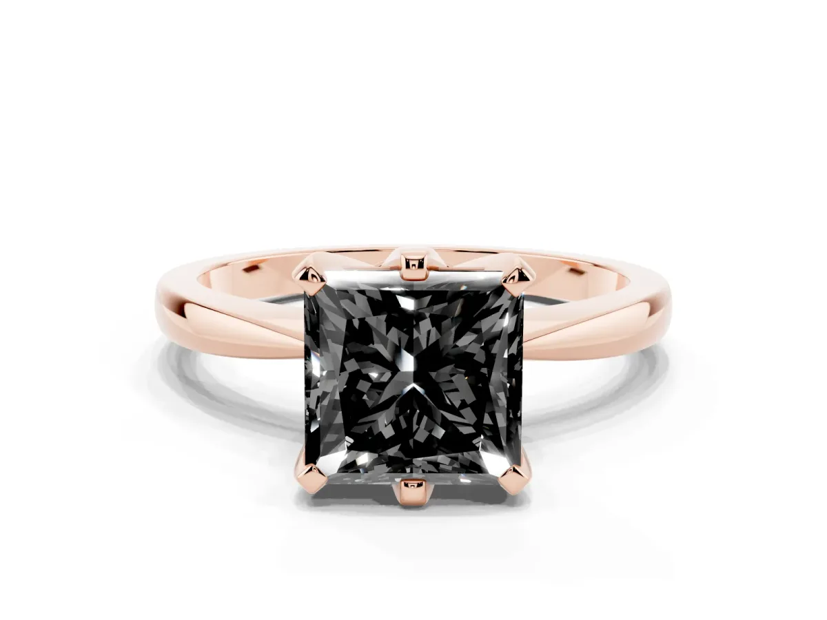 Fancy Black Princess Cut Solitaire Engagement Ring with Six-Prong Setting and Tapered Band Rose gold