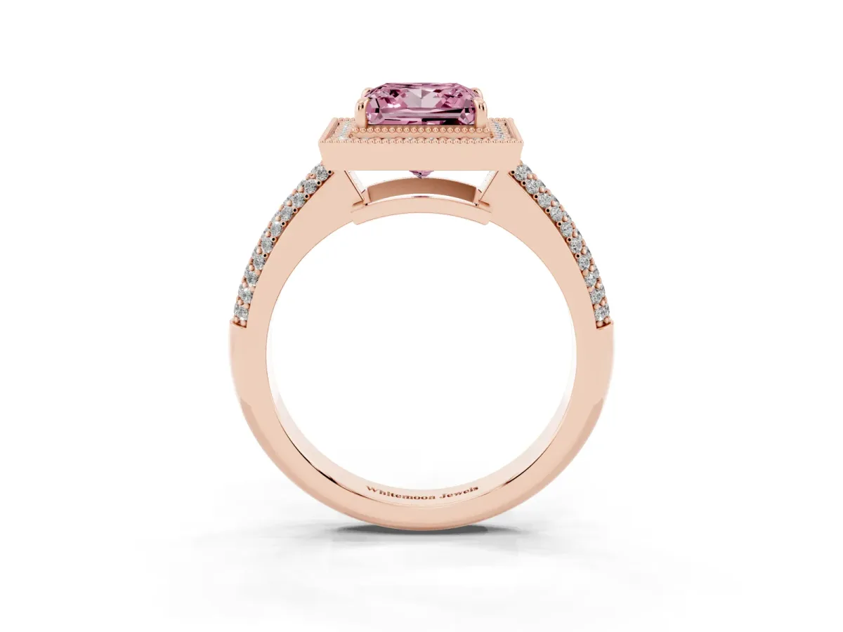 Fancy Pink Princess Cut Cut Halo Diamond Pave Band with Four-Prong Setting Rose gold