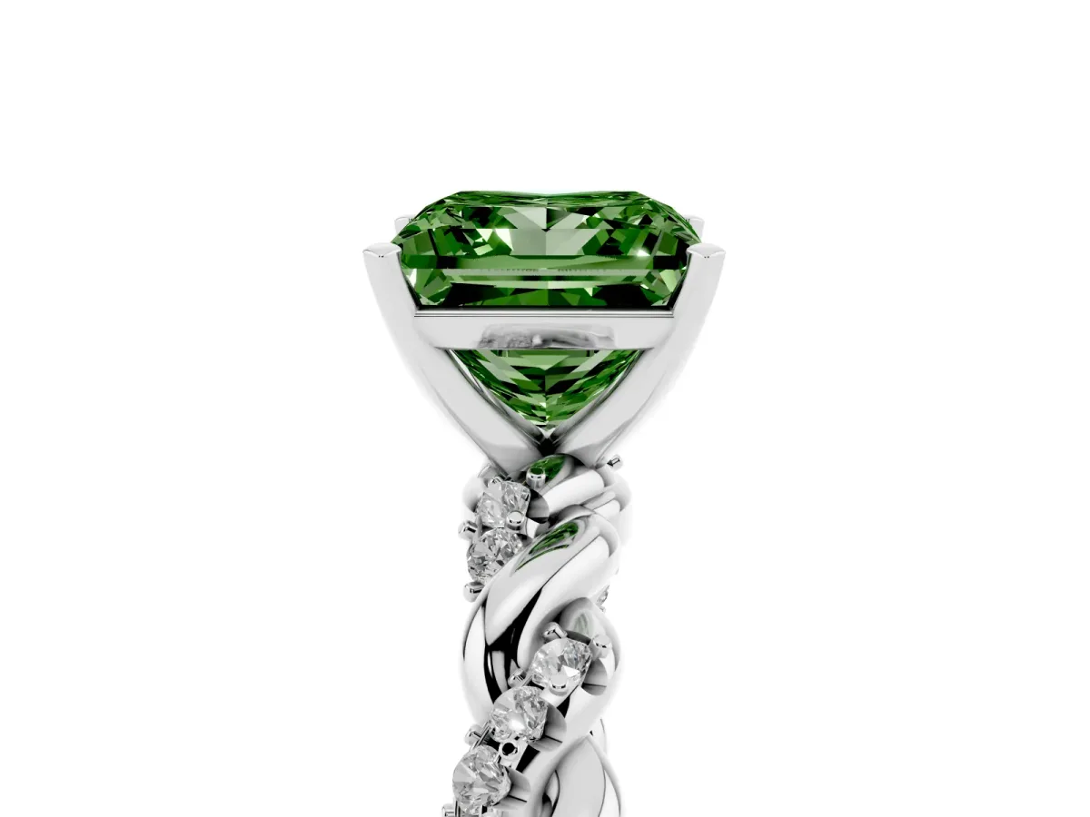 Fancy Green Princess Cut Diamond Solitaire Ring with Twisted Band and Pavé Accents Silver