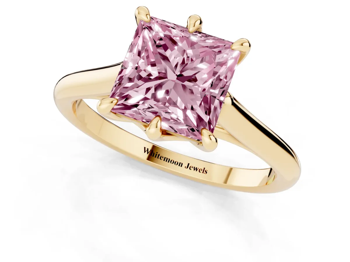 Fancy Pink Princess Cut Solitaire Engagement Ring with Six-Prong Setting and Classic Band Yellow gold