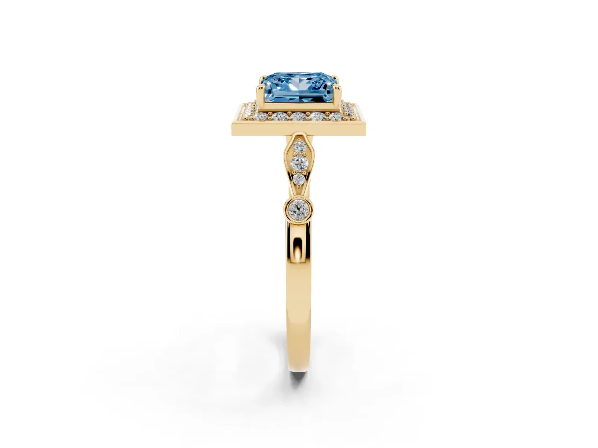 Fancy Blue Princess Cut Halo Diamond Engagement Ring with Twisted Band and Four-Prong Setting Yellow gold