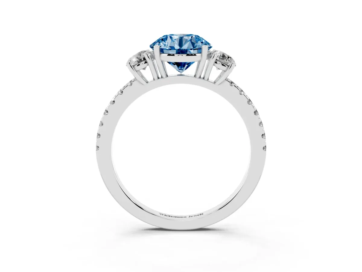 Fancy Blue Three-Stone Round Cut Cut Diamond Pavé Band with Prong Setting Silver