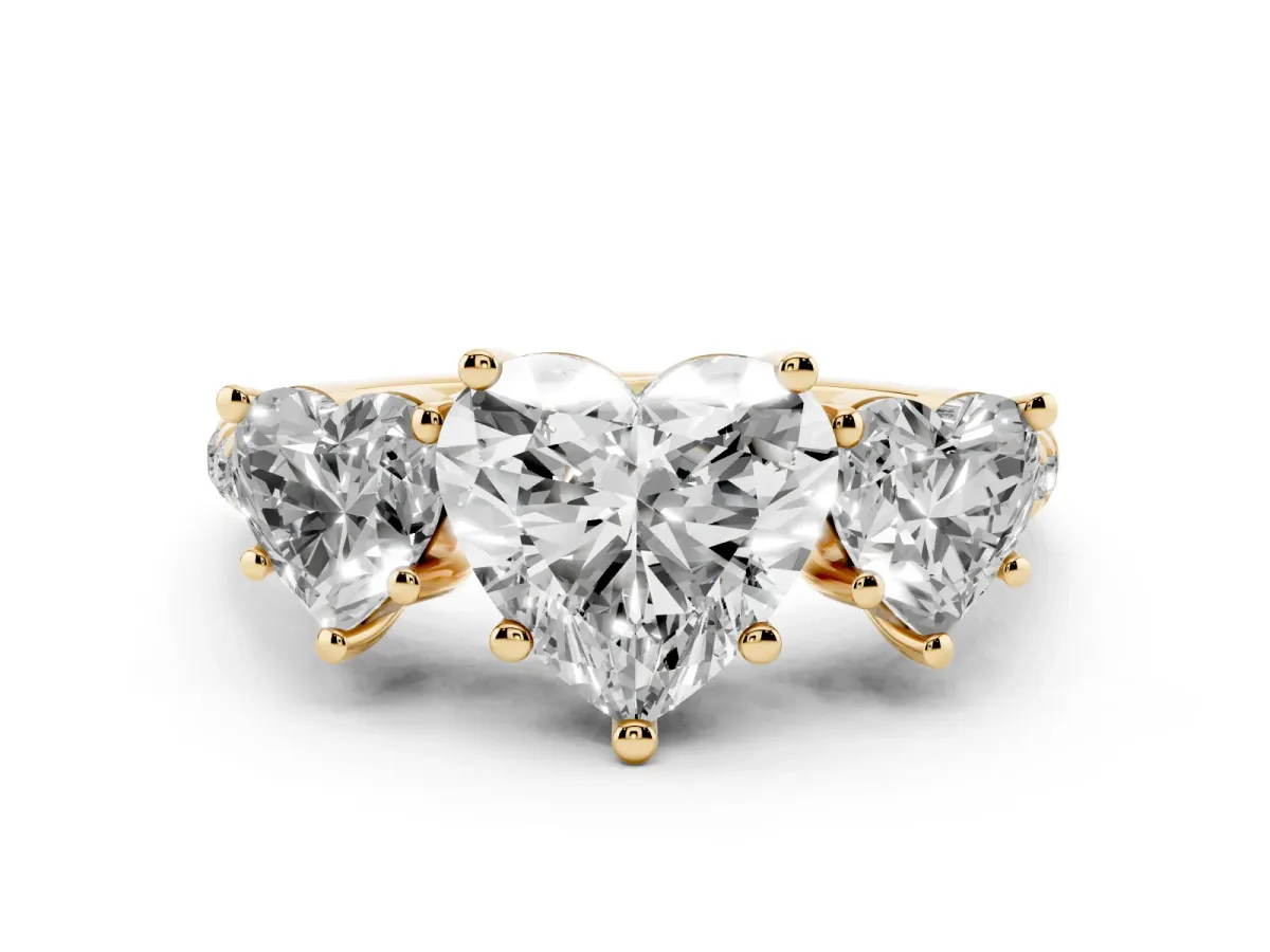Three-Stone Heart Cut Diamond Ring with Round Pavé Band and Prong Setting Yellow gold