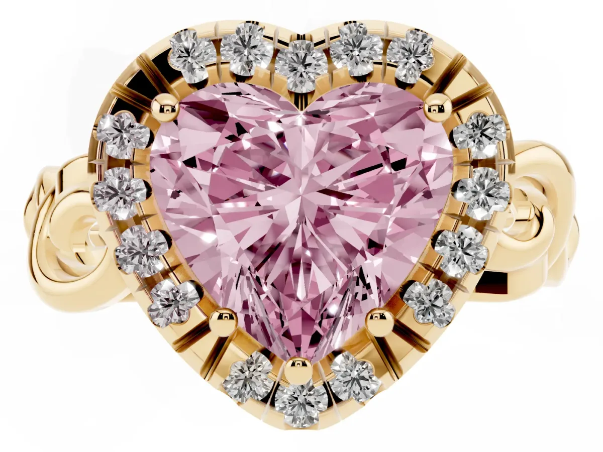 Fancy Pink Heart Cut Cut Halo Diamond Ring with Scrollwork Band and Four-Prong Setting Yellow gold