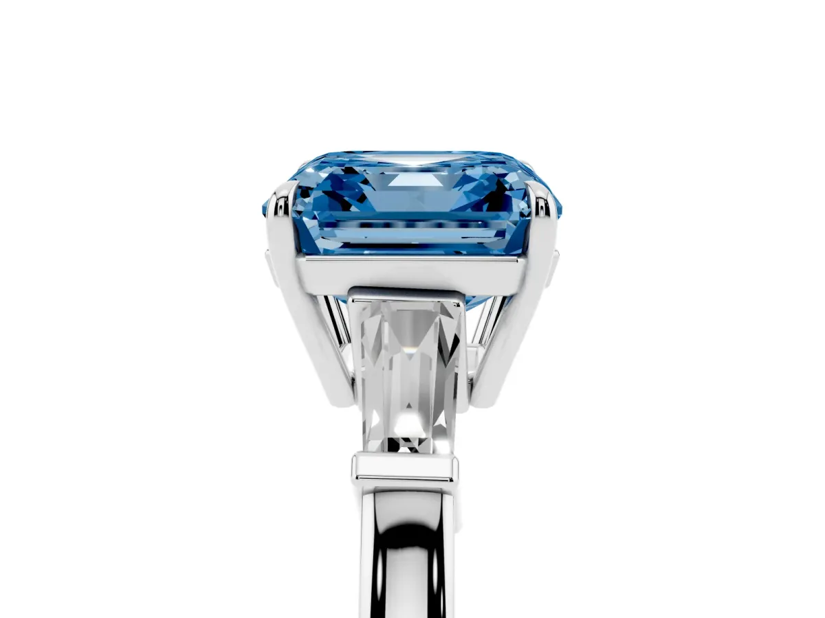 Fancy Blue Asscher Cut Diamond Three-Stone Ring with Tapered Baguette Side Stones and Prong Setting Silver