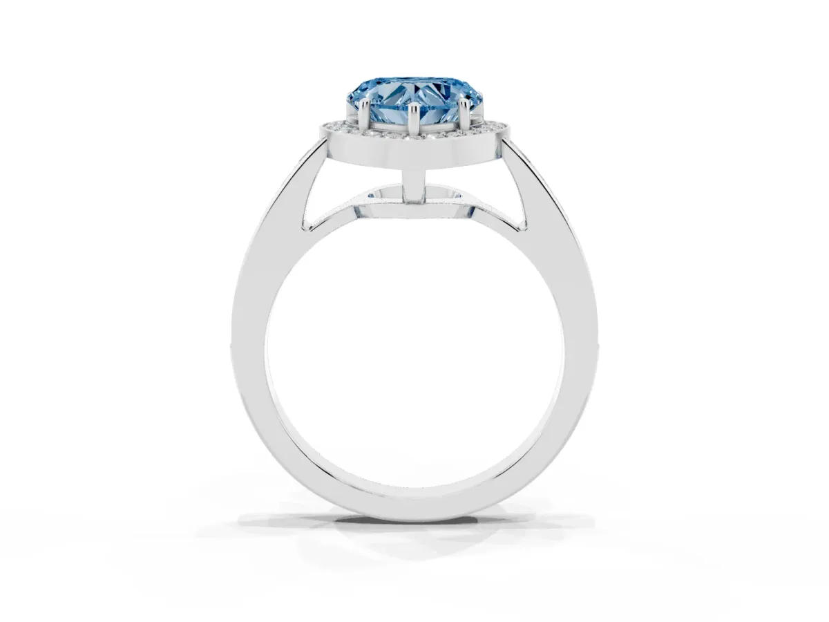 Fancy Blue Heart Cut Halo Pavé Diamond Engagement Ring with Bezel Setting Platinum
