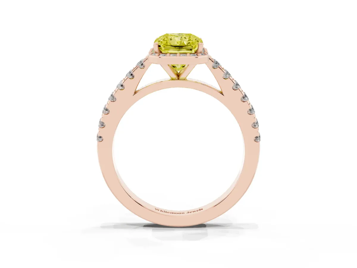 Fancy Yellow Radiant Cut Cut Halo Diamond Engagement Ring with Pave Band and Four-Prong Setting Rose gold