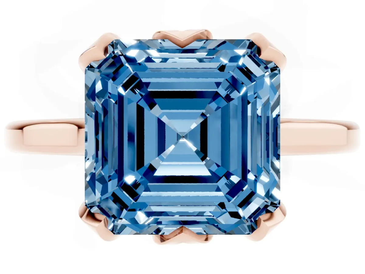 Fancy Blue Asscher Cut Diamond Solitaire Ring with Flower Prong Setting and Classic Band Rose gold