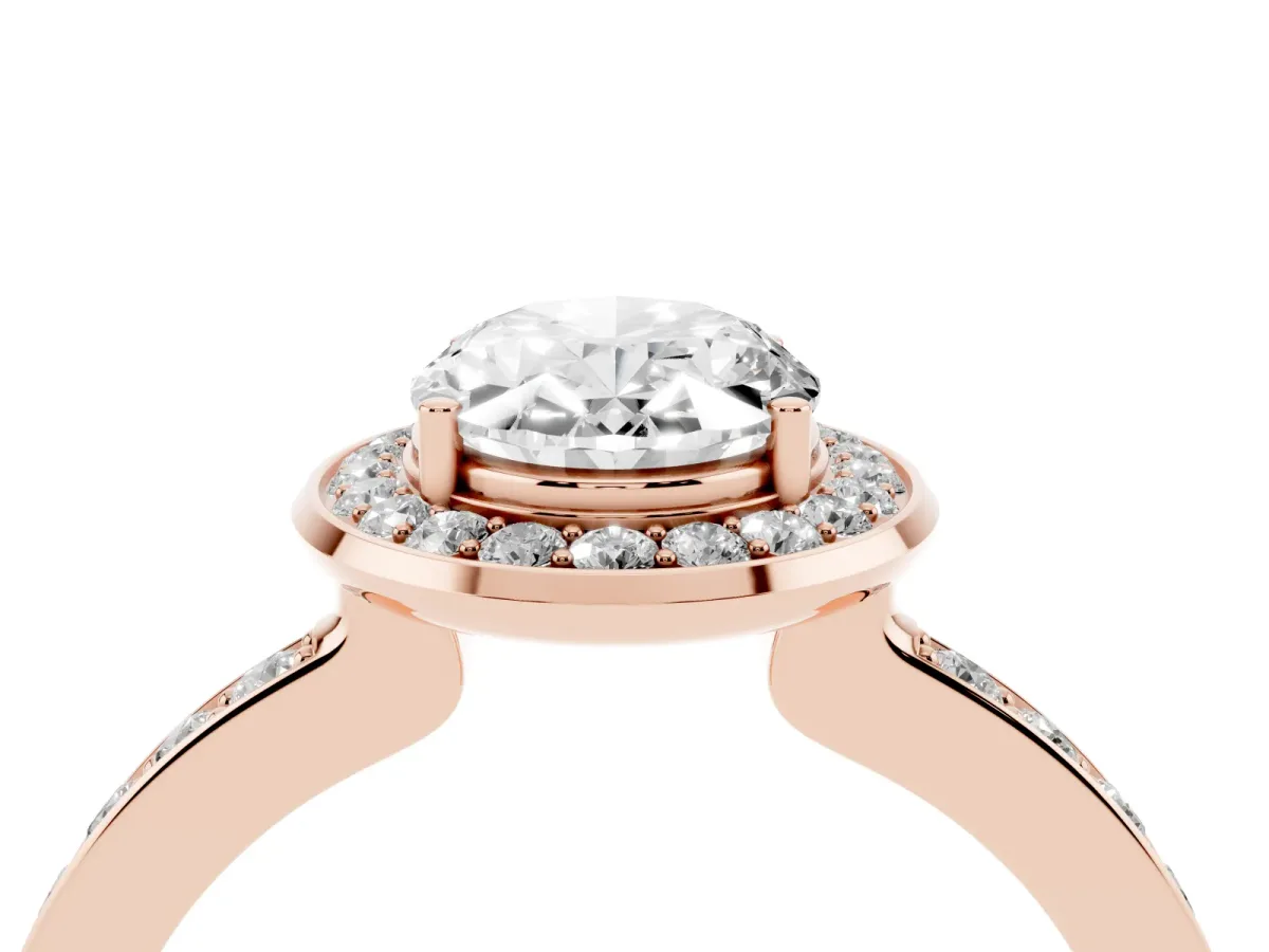 Oval Cut Diamond Halo Ring with Bezel Frame and Pavé Band Rose gold