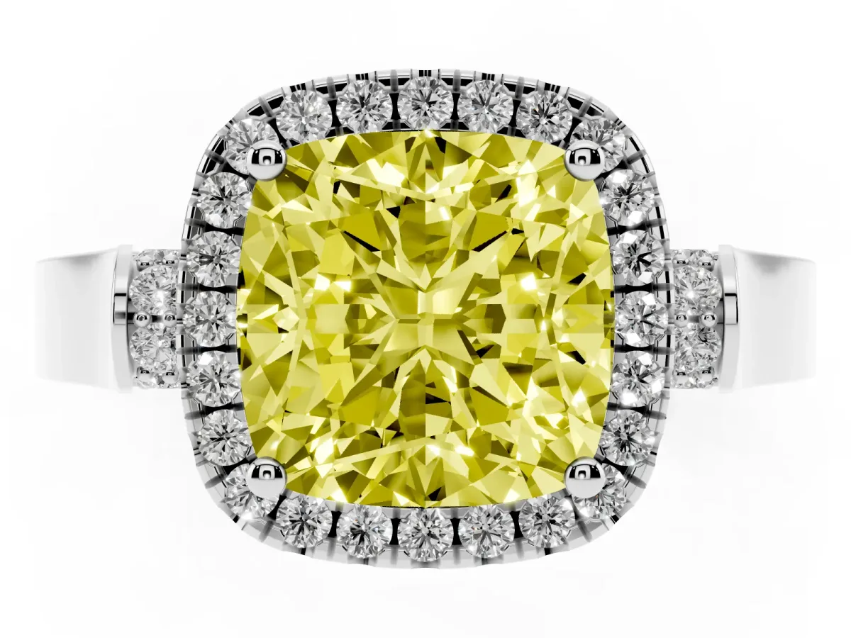 Fancy Yellow Cushion Cut Halo Pave Split Shank Prong Setting Ring Silver
