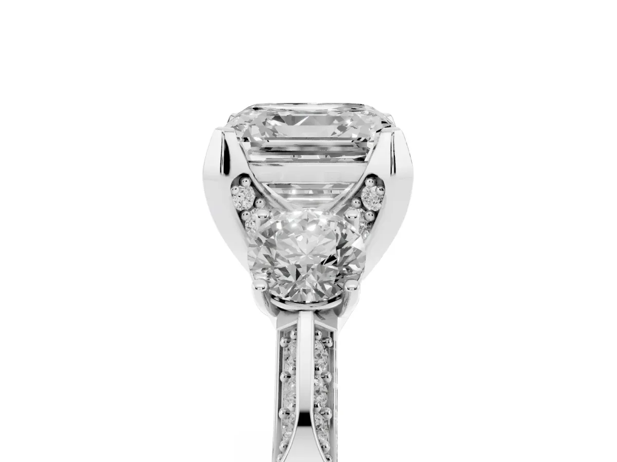Asscher Cut Brilliant Three-Stone Diamond Ring with Pavé Band and Four-Prong Setting White gold
