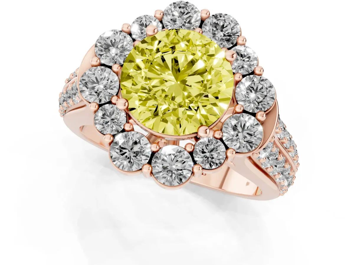 Fancy Yellow Round Cut Halo Diamond Engagement Ring with Split Shank and Prong Setting Rose gold