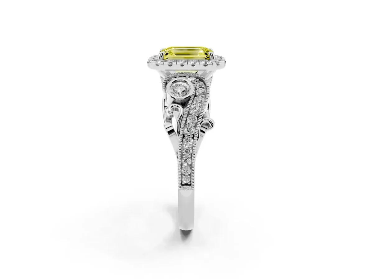 Fancy Yellow Emerald Cut Halo Diamond Ring with Milgrain and Bezel Accents on a Split Shank Band Platinum