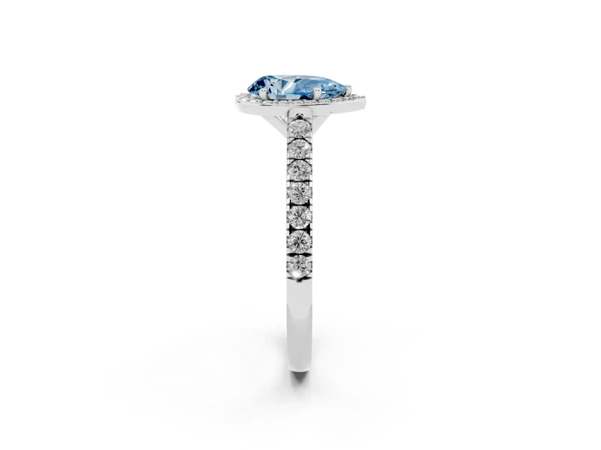Fancy Blue Pear Cut Cut Halo Diamond Engagement Ring with Pave Band and Four-Prong Setting Platinum